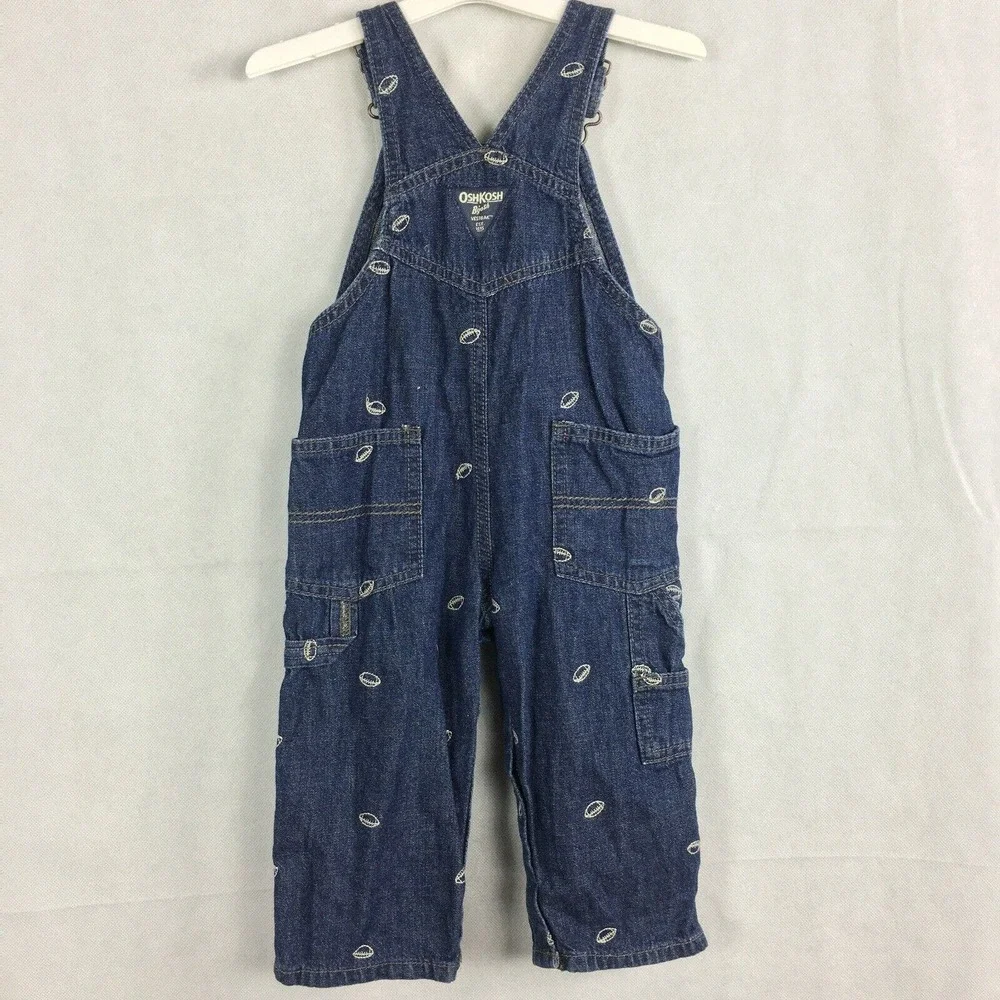 Oshkosh B'Gosh Overalls Boys Sz 18 months Dark‎ Wash Embroidered Football Denim